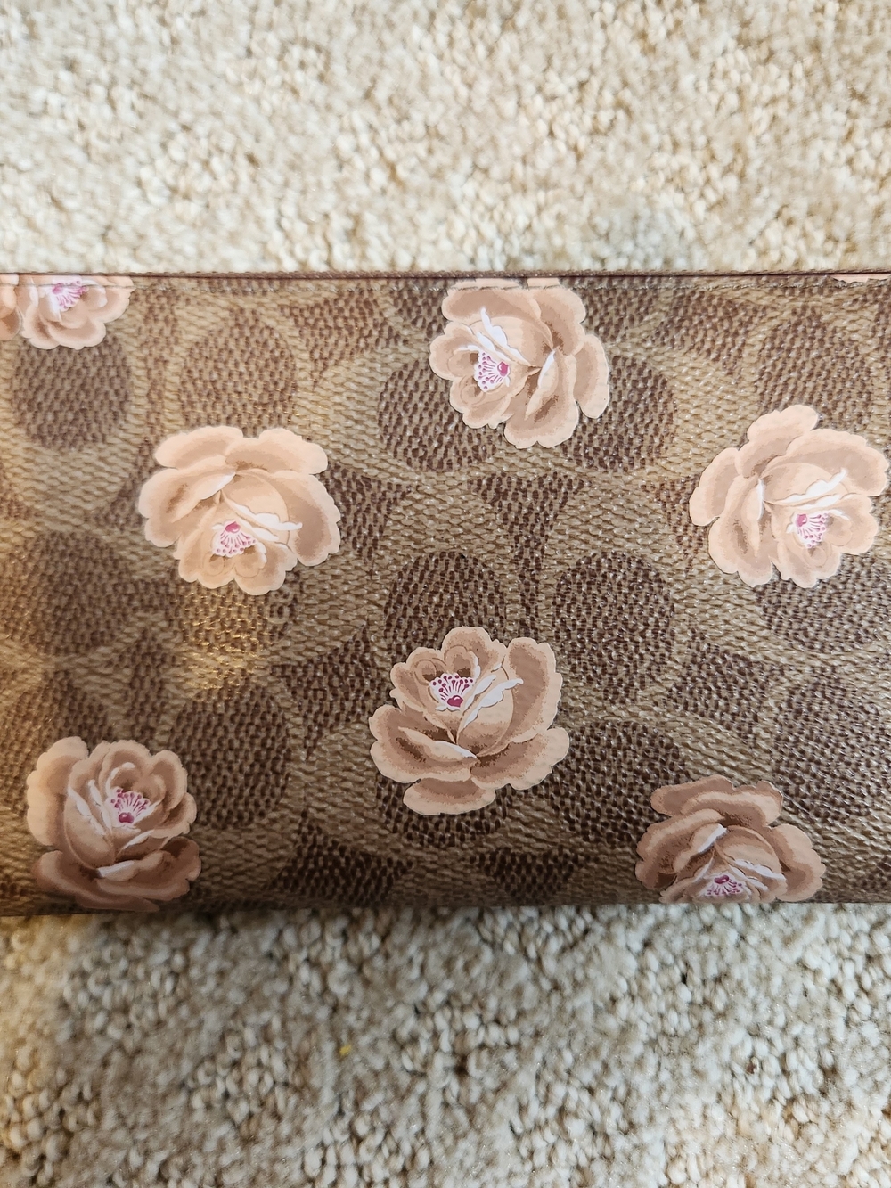 COACH Floral Signature Canvas Slim Wallet in Brown and Pink With Rose Design - Picture 3 of 5
